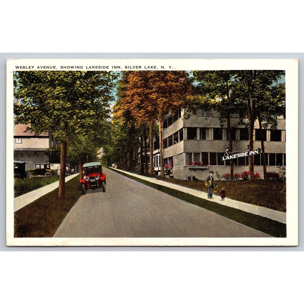 Vintage 1920s Postcard Silver Lake NY Wesley Avenue Lakeside Inn Tichnor 123091